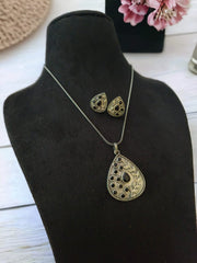 Brass Oxidised 925 Silver Plated Chain Pendant Set