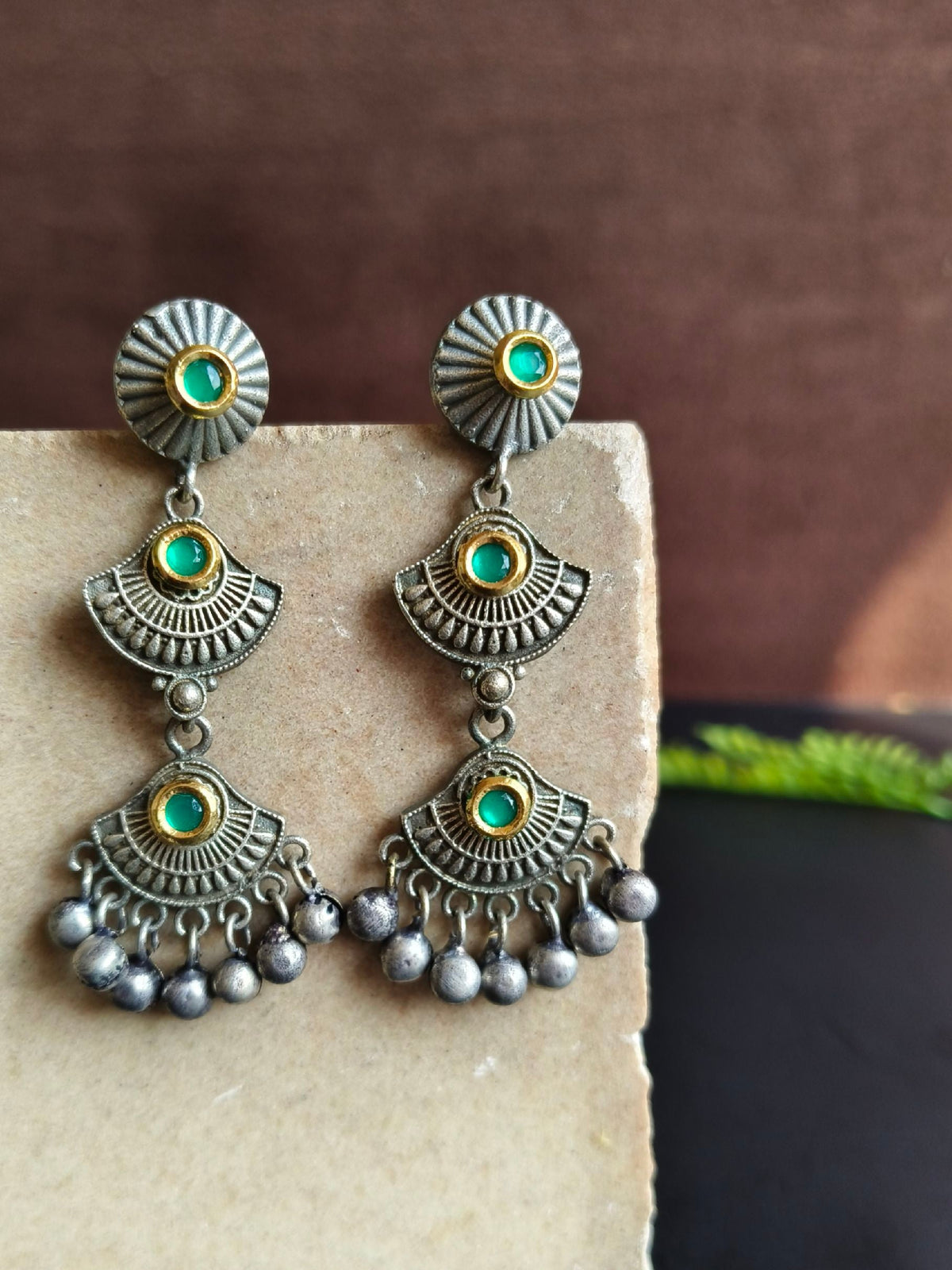 Oxidized Kundan Triple-Line Dangler Earrings | Sarichka