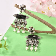 Brass Oxidized Silver-Plated Dangles with Pearls and Stones"