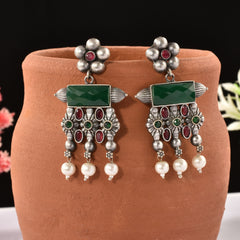 Brass Oxidized Silver-Plated Dangles with Pearls and Stones"