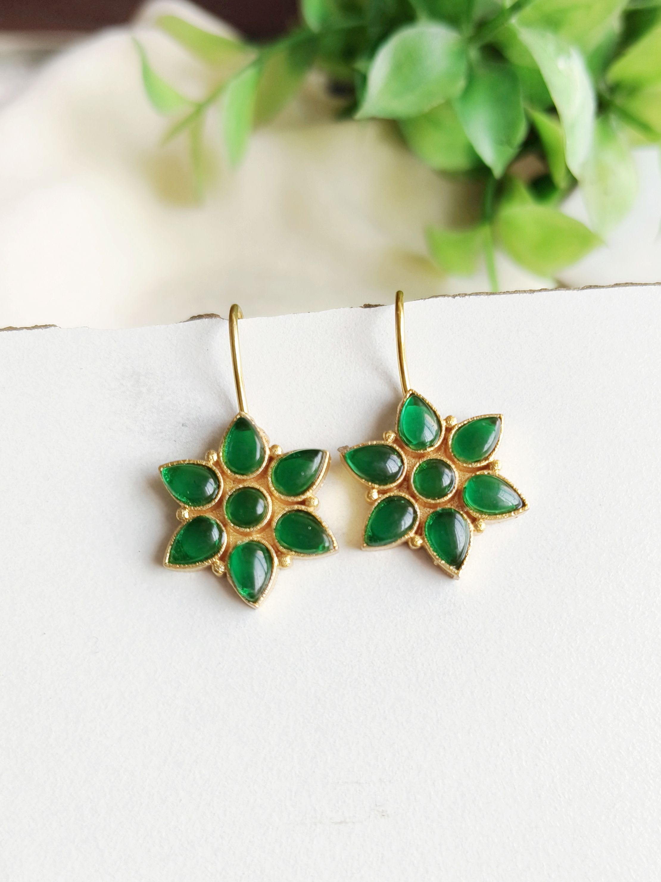 Gold Plated Sunflower Hook Earrings with Jade Stones | Sarichka