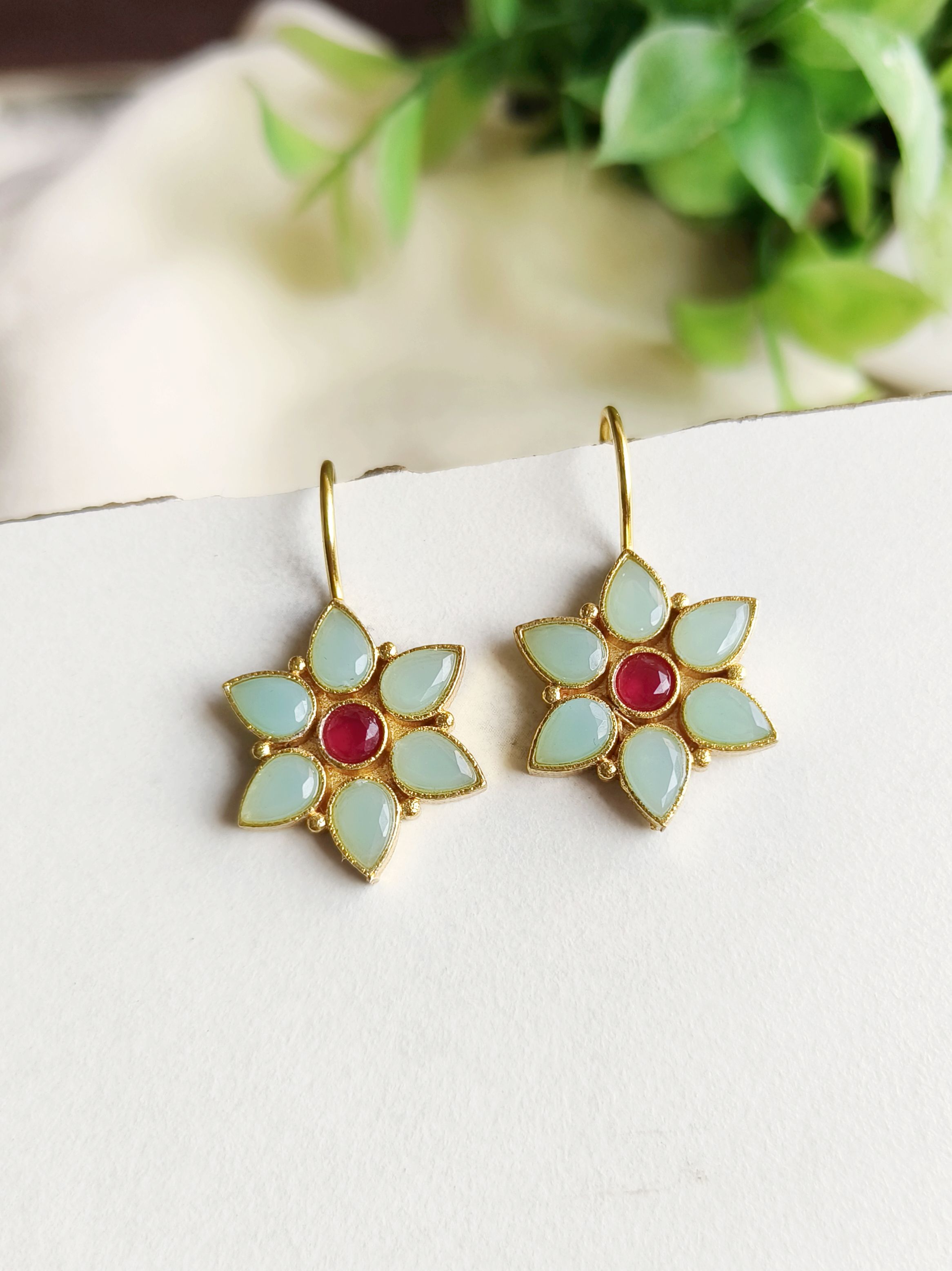 Gold Plated Sunflower Hook Earrings with Jade Stones | Sarichka