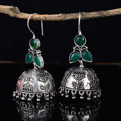 Brass Oxidized Silver Plated Stone Jhumki Earrings