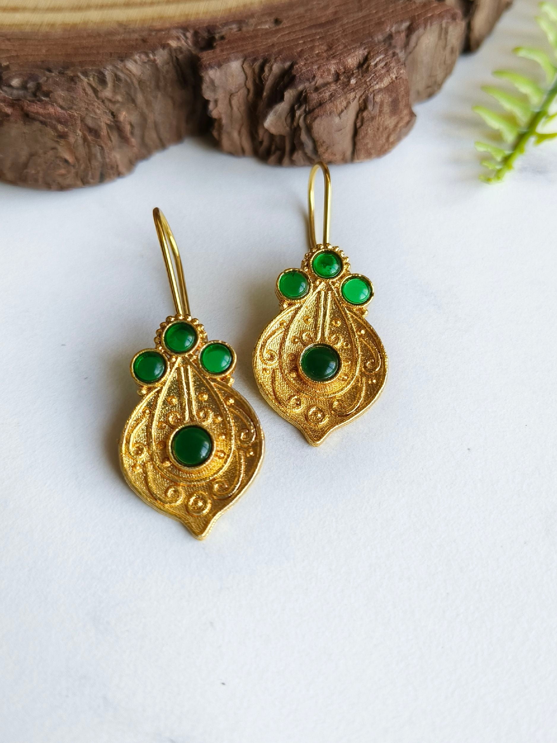 Brass Gold Finish Stone Hook Earrings for Festive Wear | Sarichka