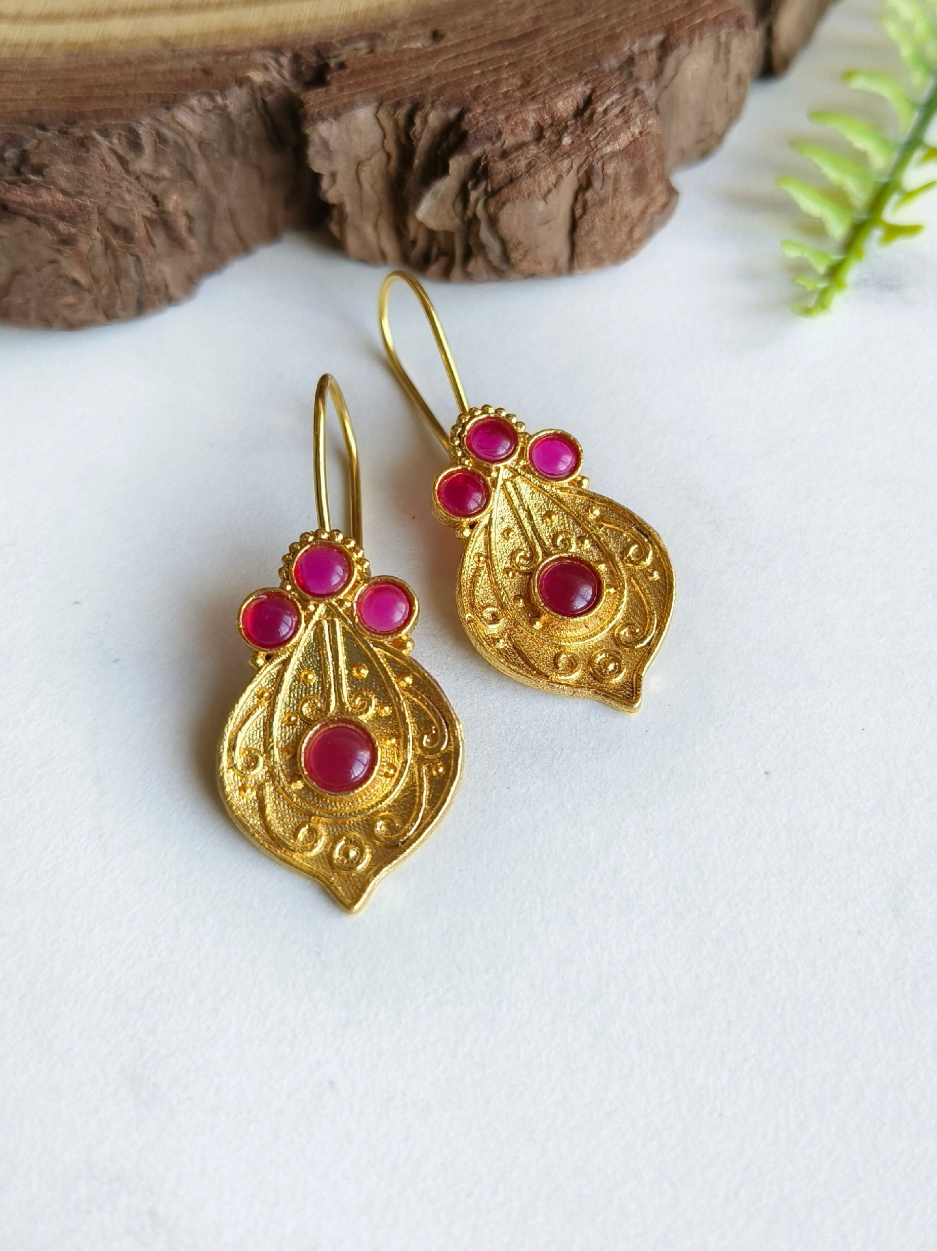 Brass Gold Finish Stone Hook Earrings for Festive Wear | Sarichka