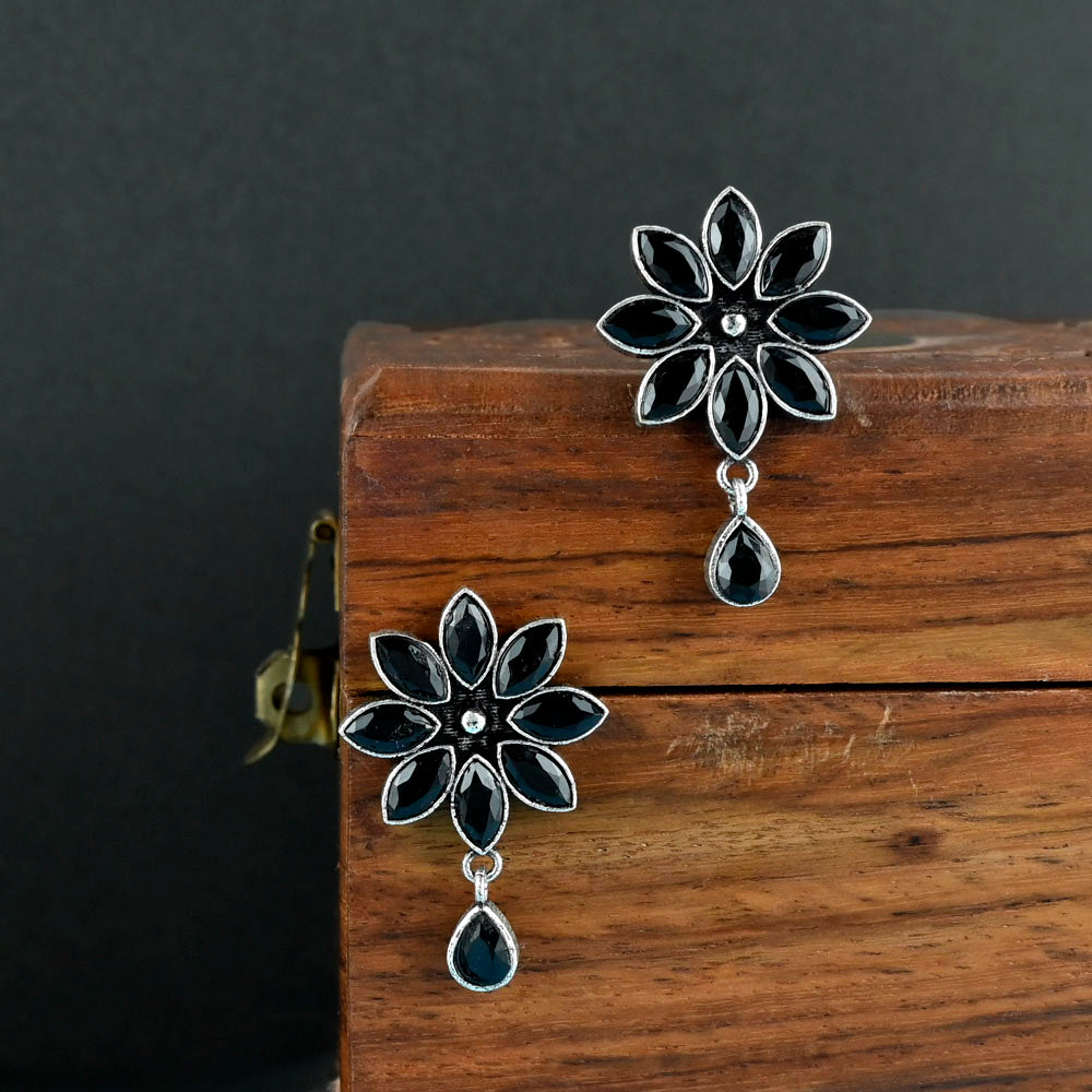 Oxidized 925 Silver Plated Stone Studded Earring - Sarichka Fashion