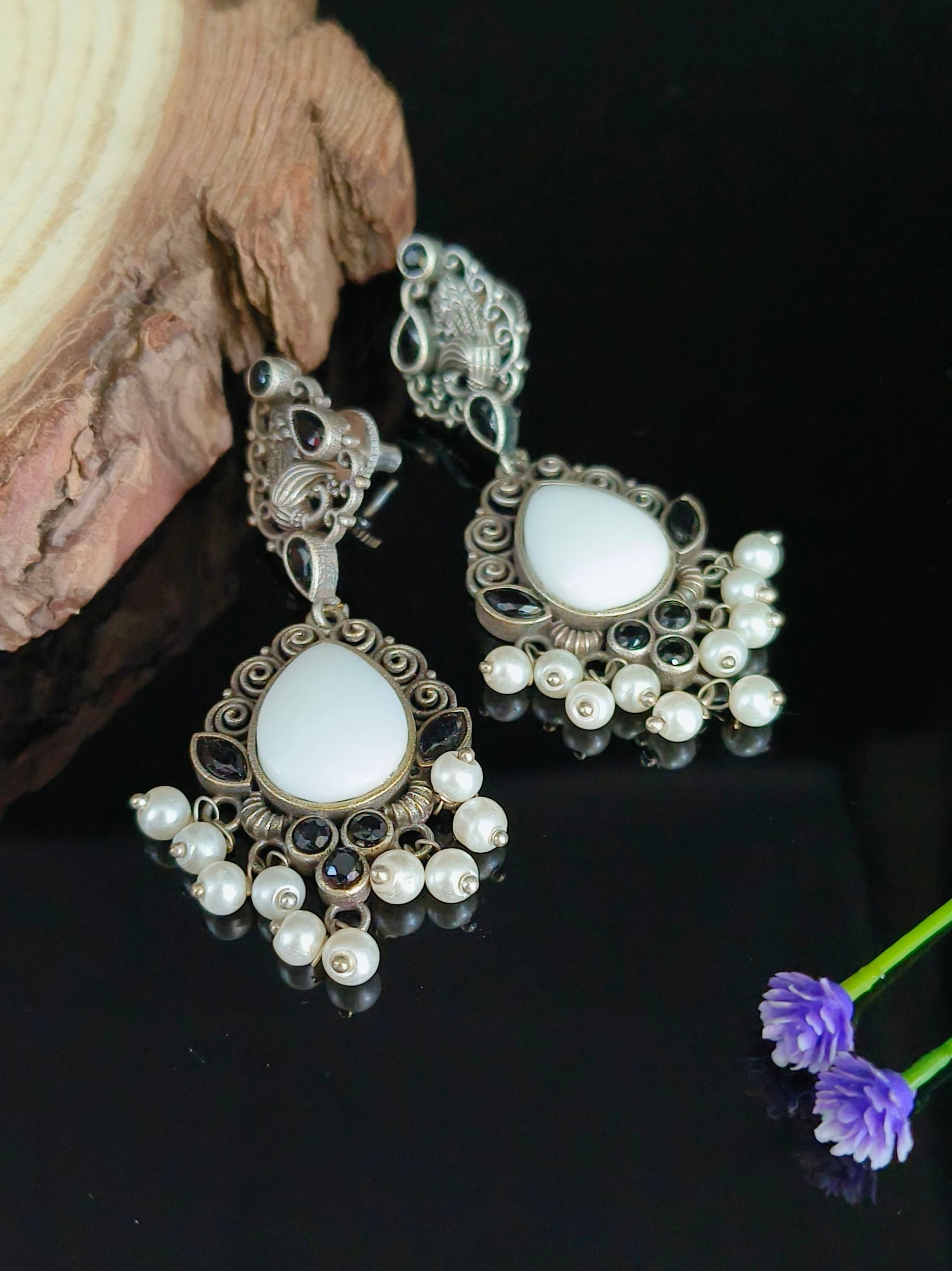 Silver Replica Monalisa Stone Dangler Earrings with Pearls for Special Occasions