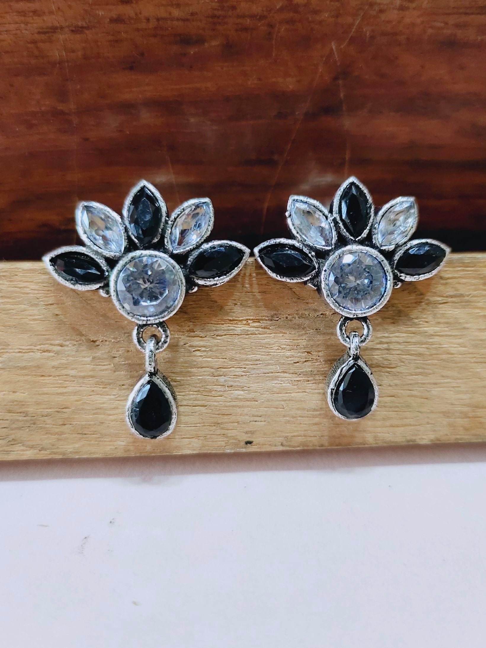 Brass Oxidised Stone Stud Earrings for Everyday Glam | Sarichka