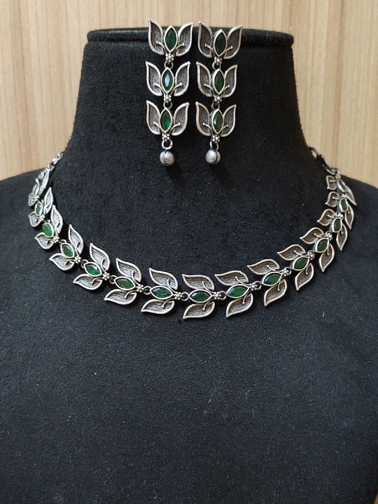 Silver Look-Alike Leaf Style Necklace Set with Dangler Earrings | Sarichka