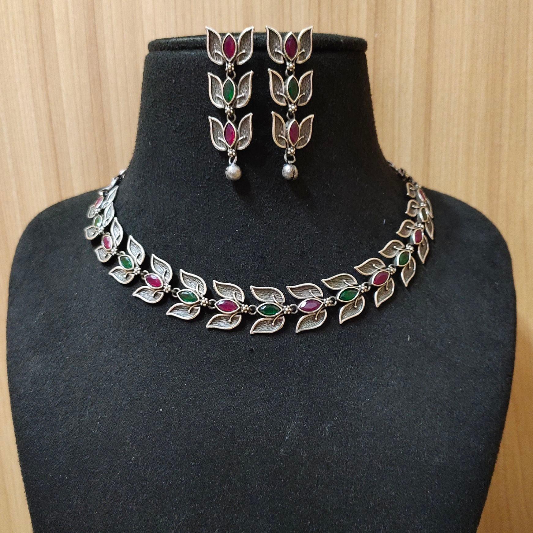 Silver Look-Alike Leaf Style Necklace Set with Dangler Earrings | Sarichka