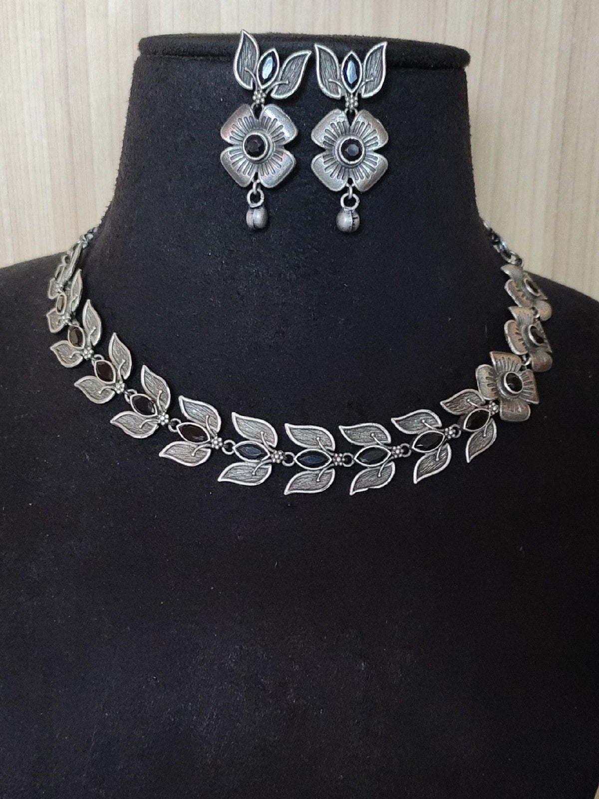 Oxidised Silver Floral Leaf Necklace Set with Dangler Earrings | Sarichka