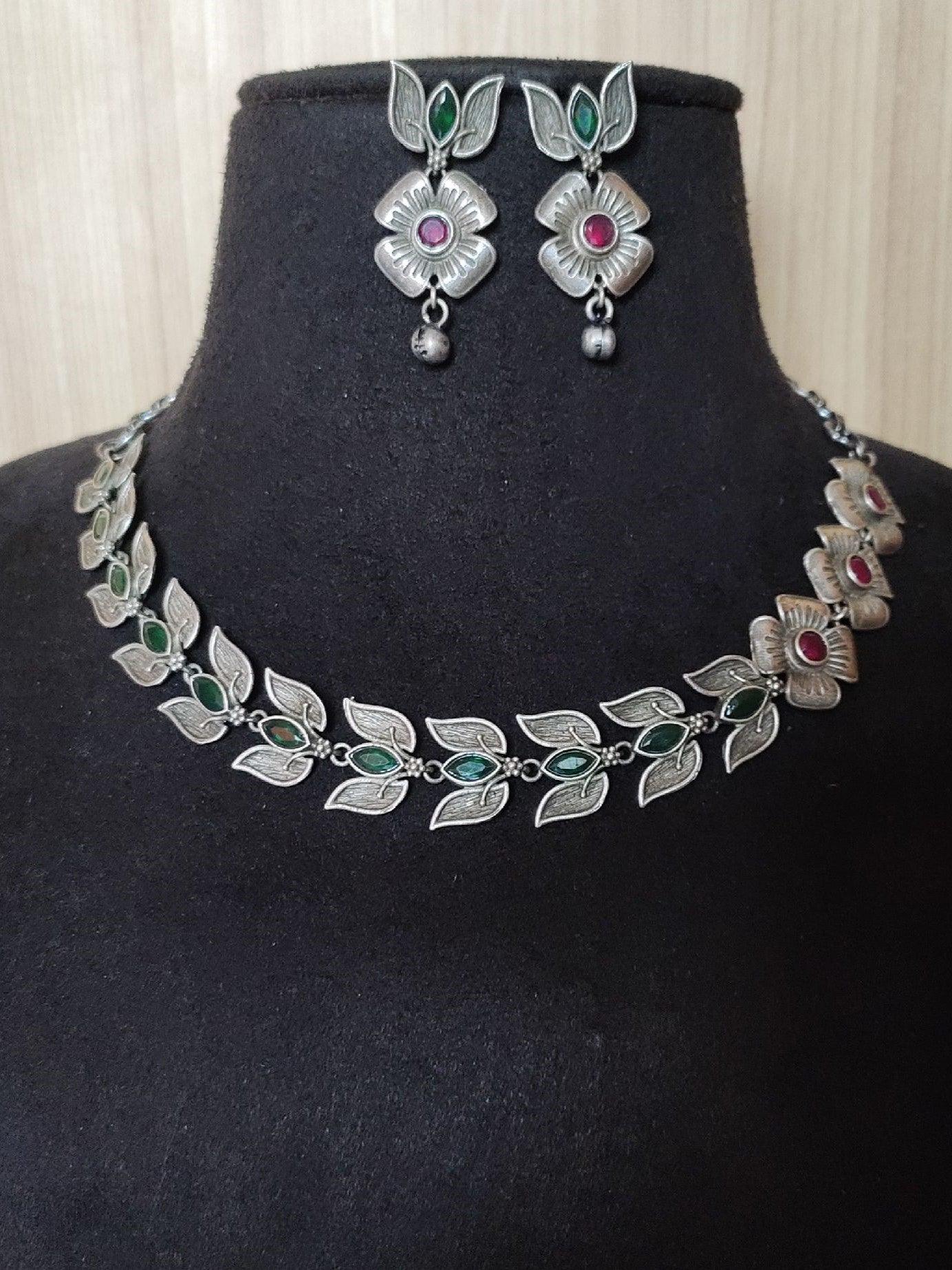 Oxidised Silver Floral Leaf Necklace Set with Dangler Earrings | Sarichka