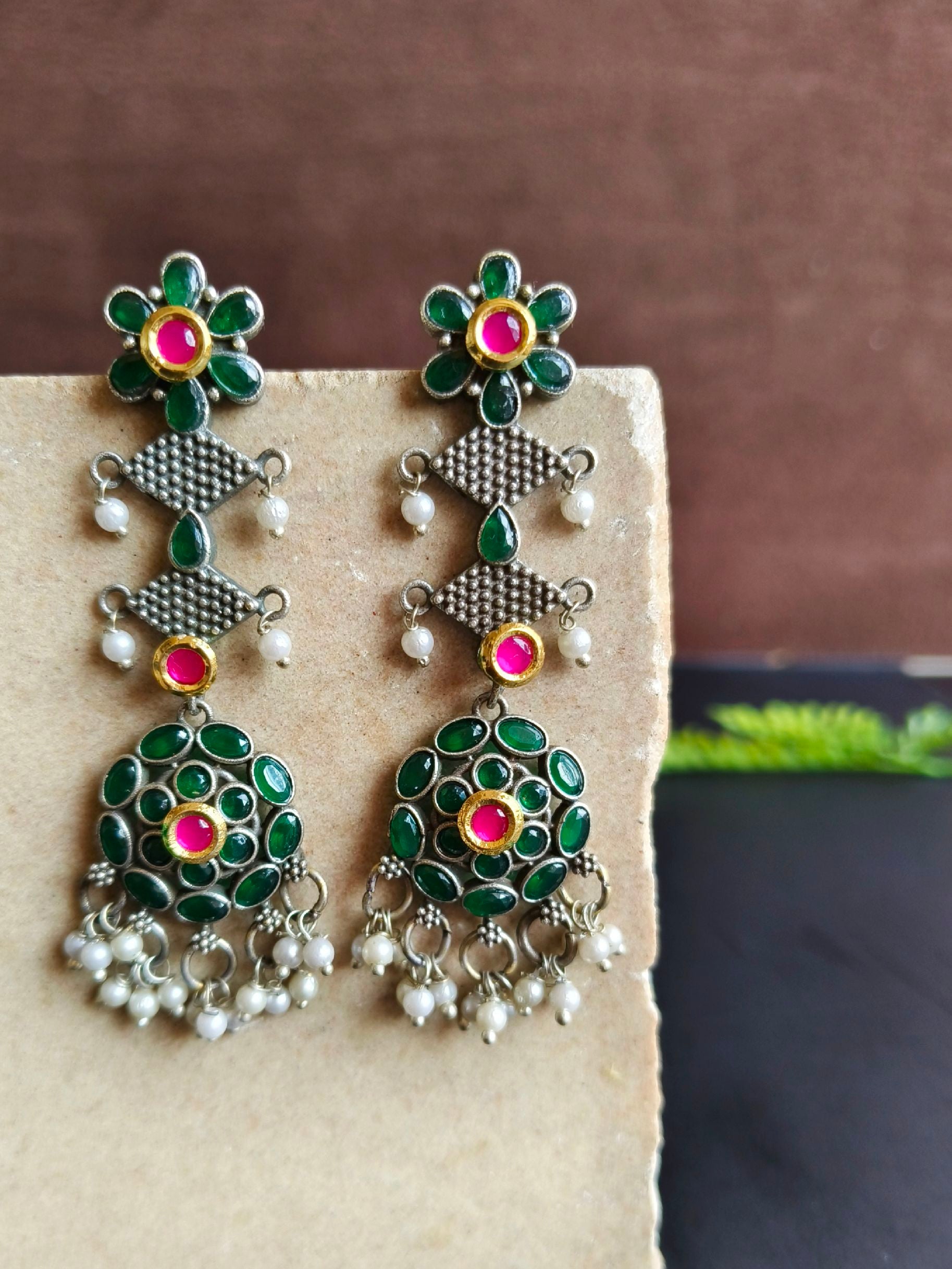 Elegant Silver Replica Dangler Earrings with Pearl & Kundan | Sarichka