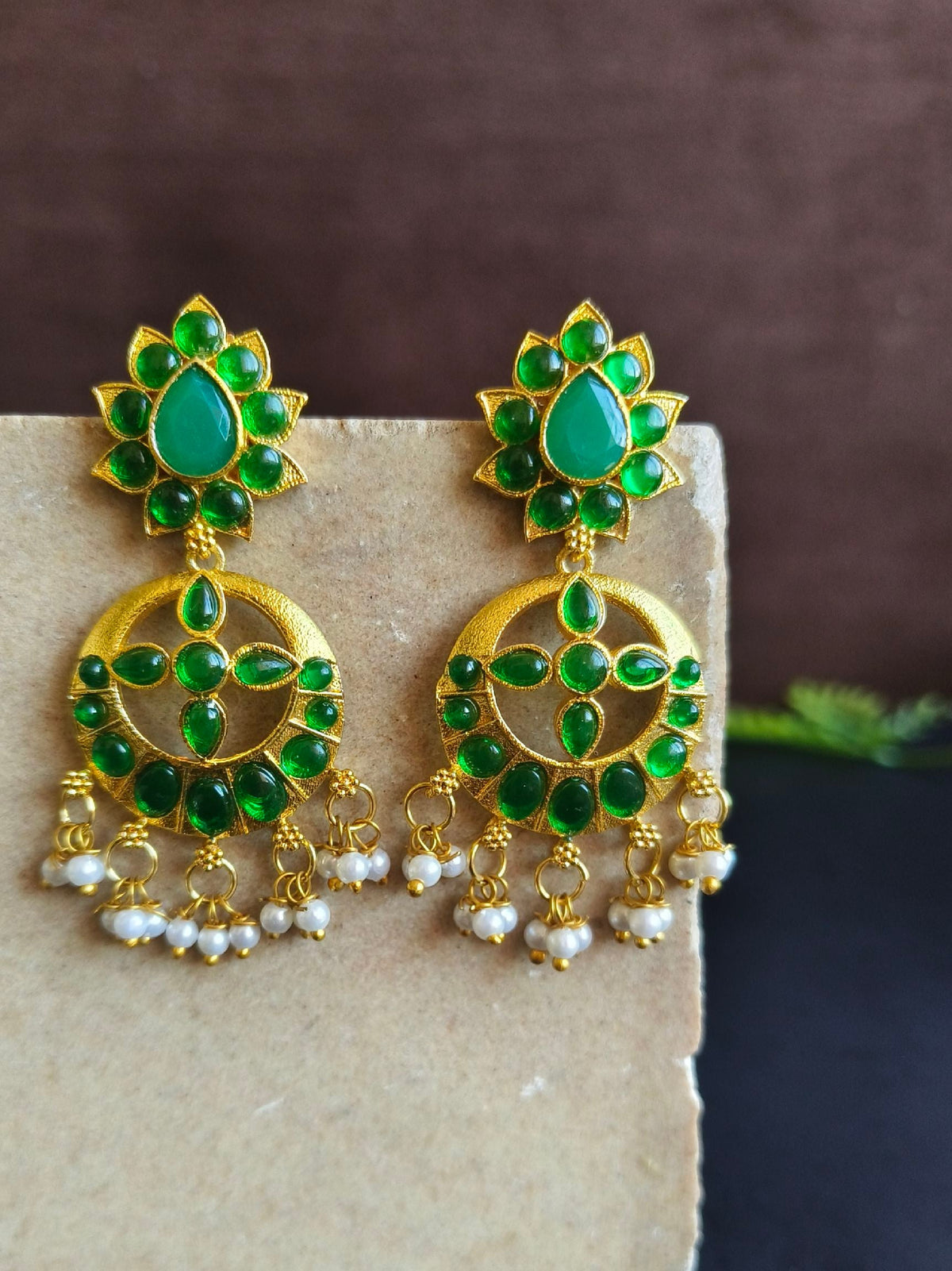 Elegant Golden Dangler Earrings with Stones and Pearls for Parties | Sarichka