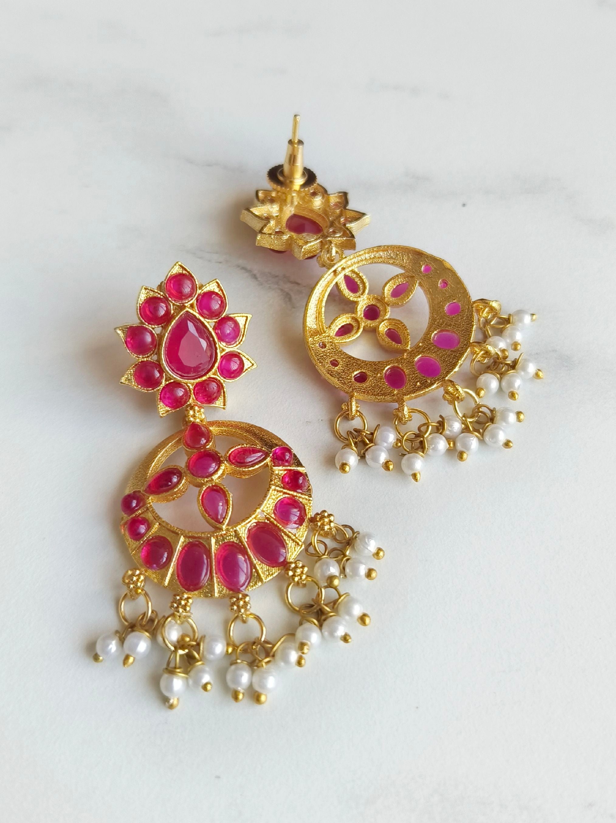 Elegant Golden Dangler Earrings with Stones and Pearls for Parties | Sarichka