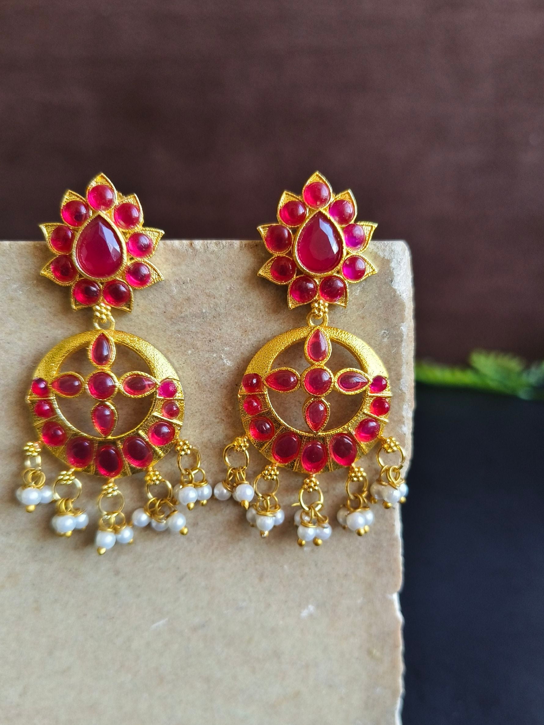 Elegant Golden Dangler Earrings with Stones and Pearls for Parties | Sarichka