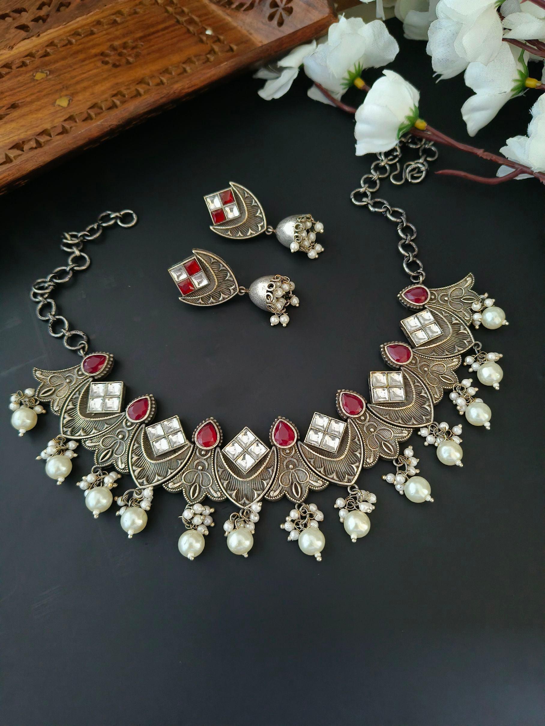 Silver Replica Pearl & Ghungroo Necklace Set with Jhumkas - Navratri Special | Sarichka