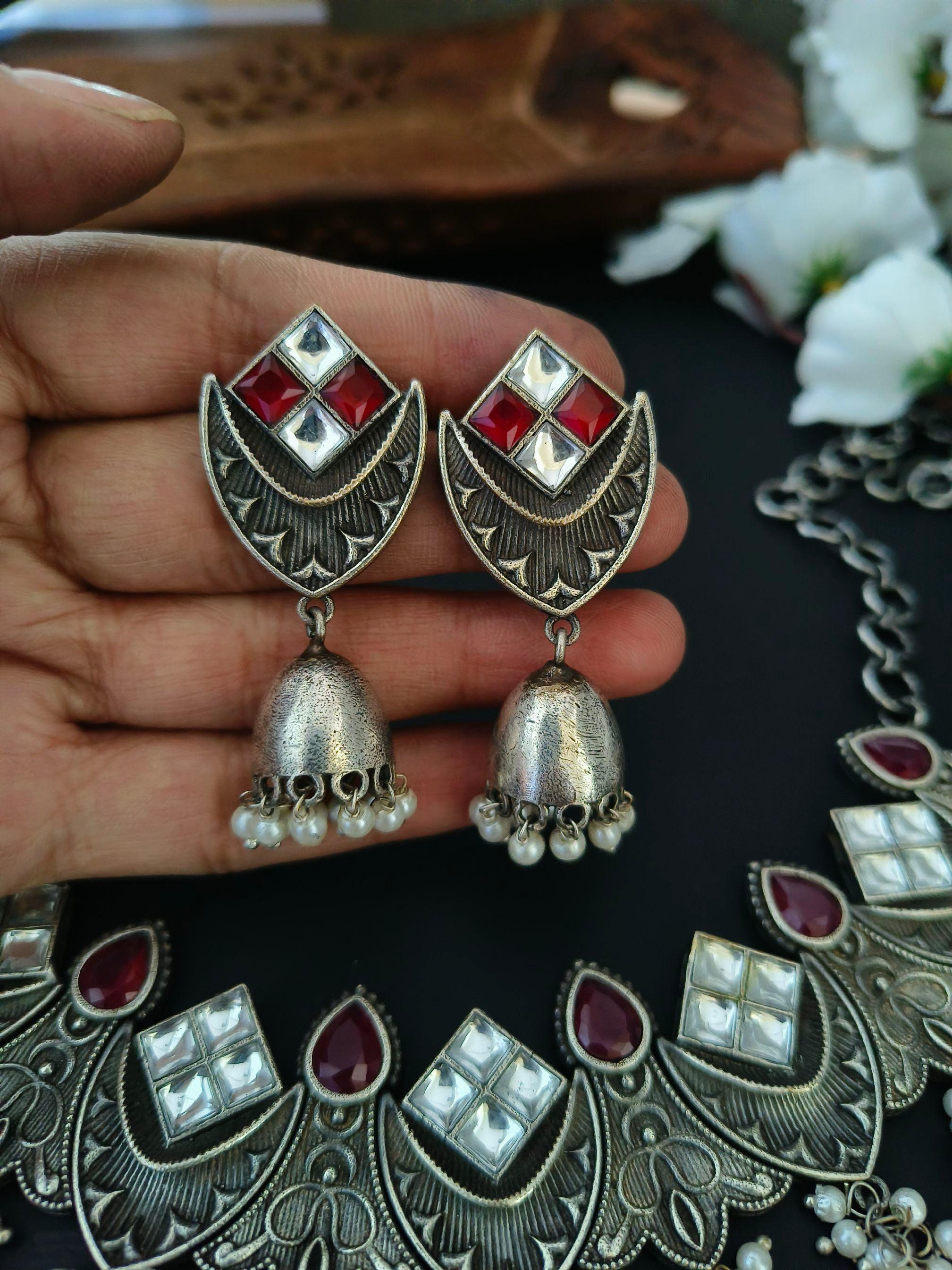 Silver Replica Pearl & Ghungroo Necklace Set with Jhumkas - Navratri Special | Sarichka