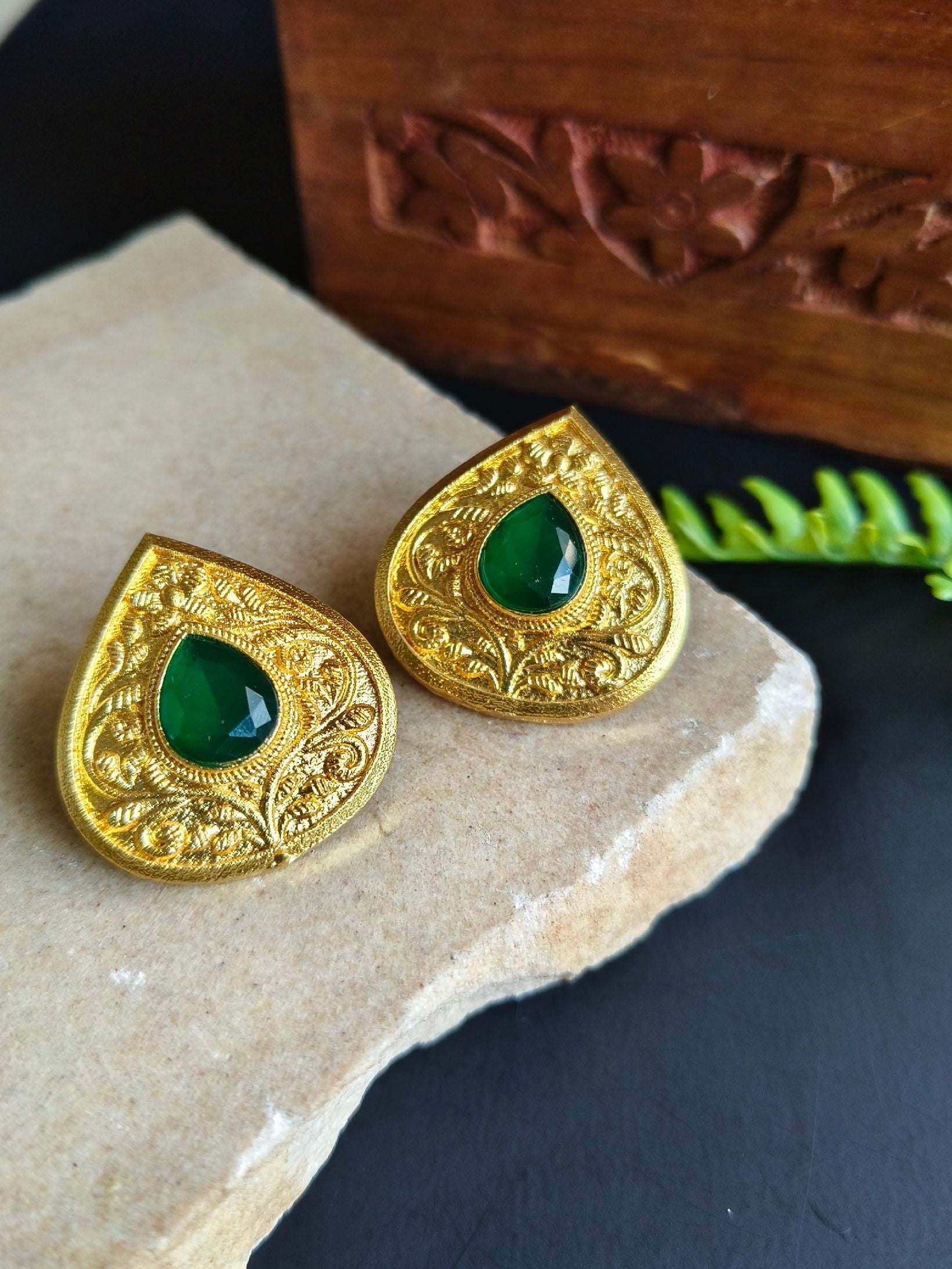 Gold Plated Leaf Design Earrings with Monalisa Stones | Sarichka