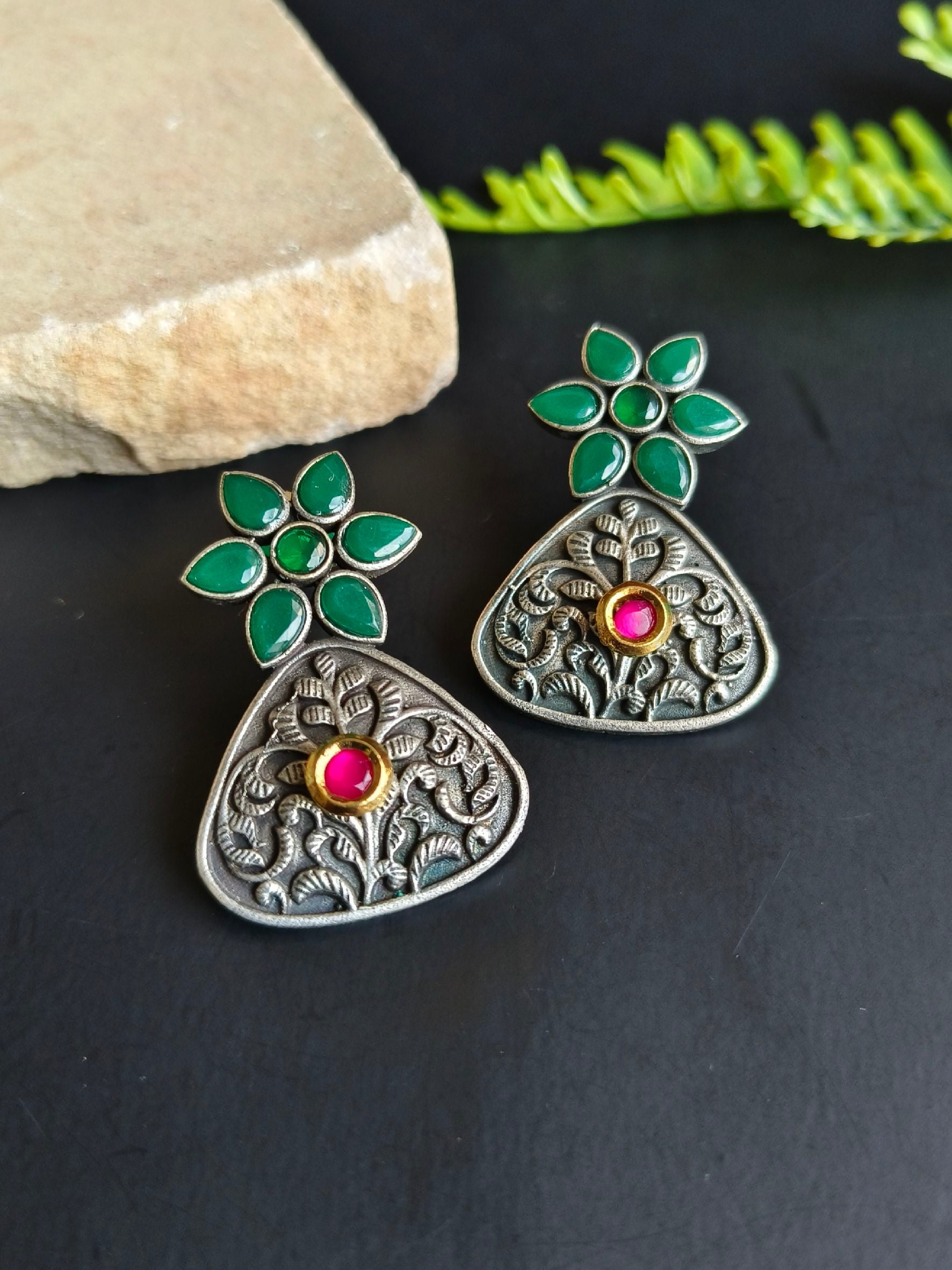 Stylish Antique Silver Oxidized Stud Earrings with Kundan Work | Sarichka