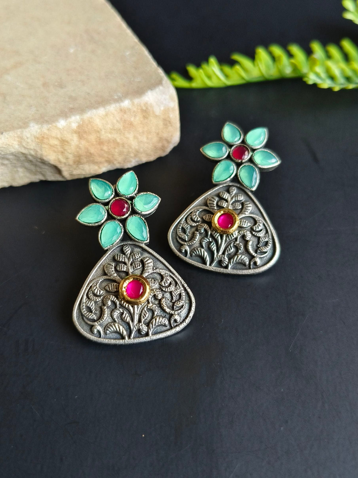 Stylish Antique Silver Oxidized Stud Earrings with Kundan Work | Sarichka