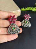 Stylish Antique Silver Oxidized Stud Earrings with Kundan Work | Sarichka