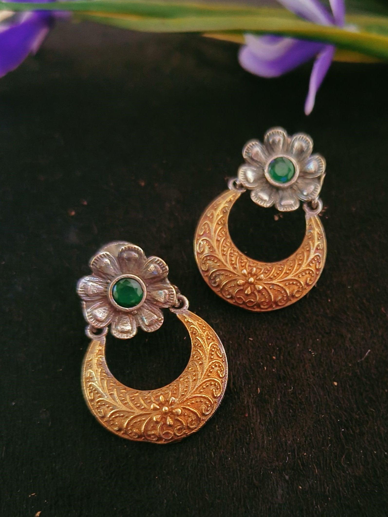 Dual Tone Silver Oxidized Moon & Flower Dangler Earrings – Elegant | Sarichka