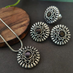 Oxidized Silver Plated Stone Studded Chain Pendant Earring & Ring Combo Set