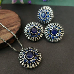 Oxidized Silver Plated Stone Studded Chain Pendant Earring & Ring Combo Set