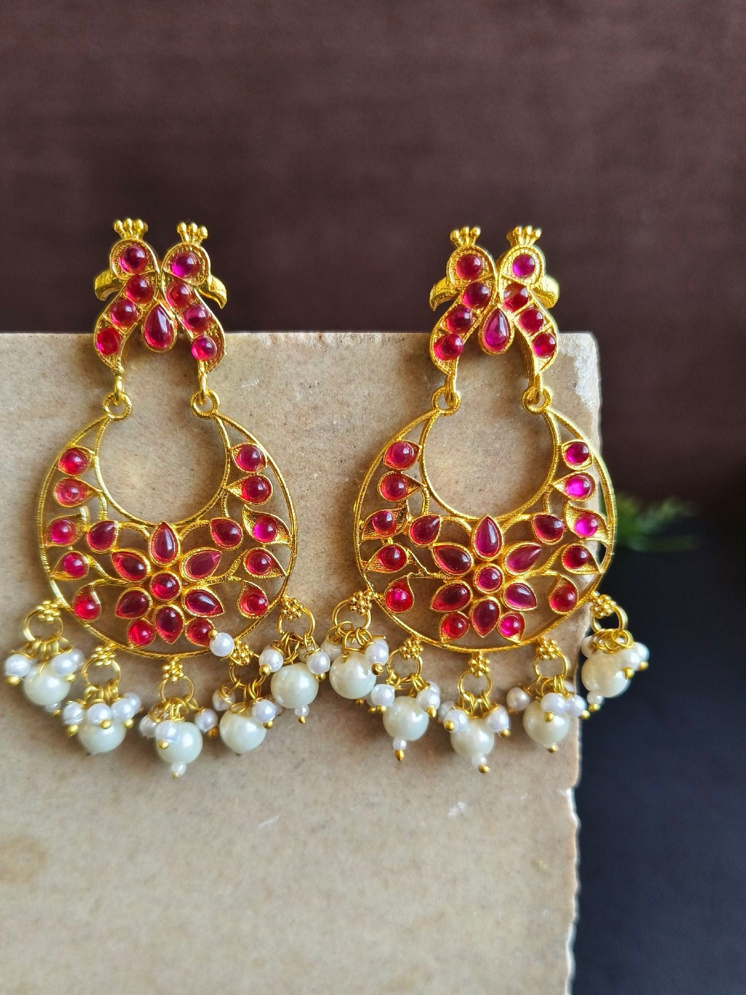 Gold Plated Premium Quality Stones & Pearl Earrings for Traditional Wear | Sarichka