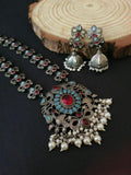 Silver Look-Alike Navratri Wear Long Necklace Set with Jhumka Earrings | Sarichka