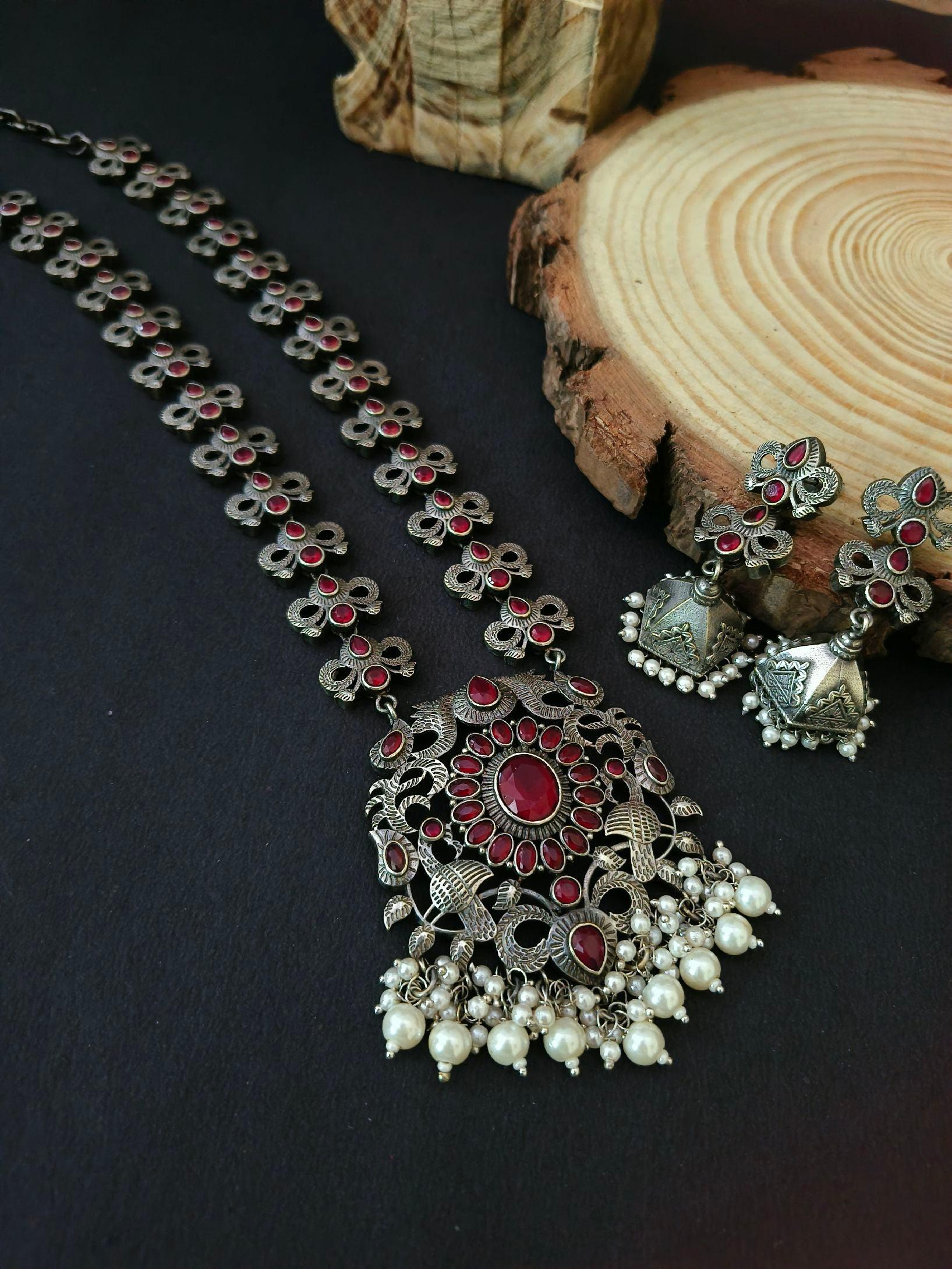 Silver Look-Alike Navratri Wear Long Necklace Set with Jhumka Earrings | Sarichka