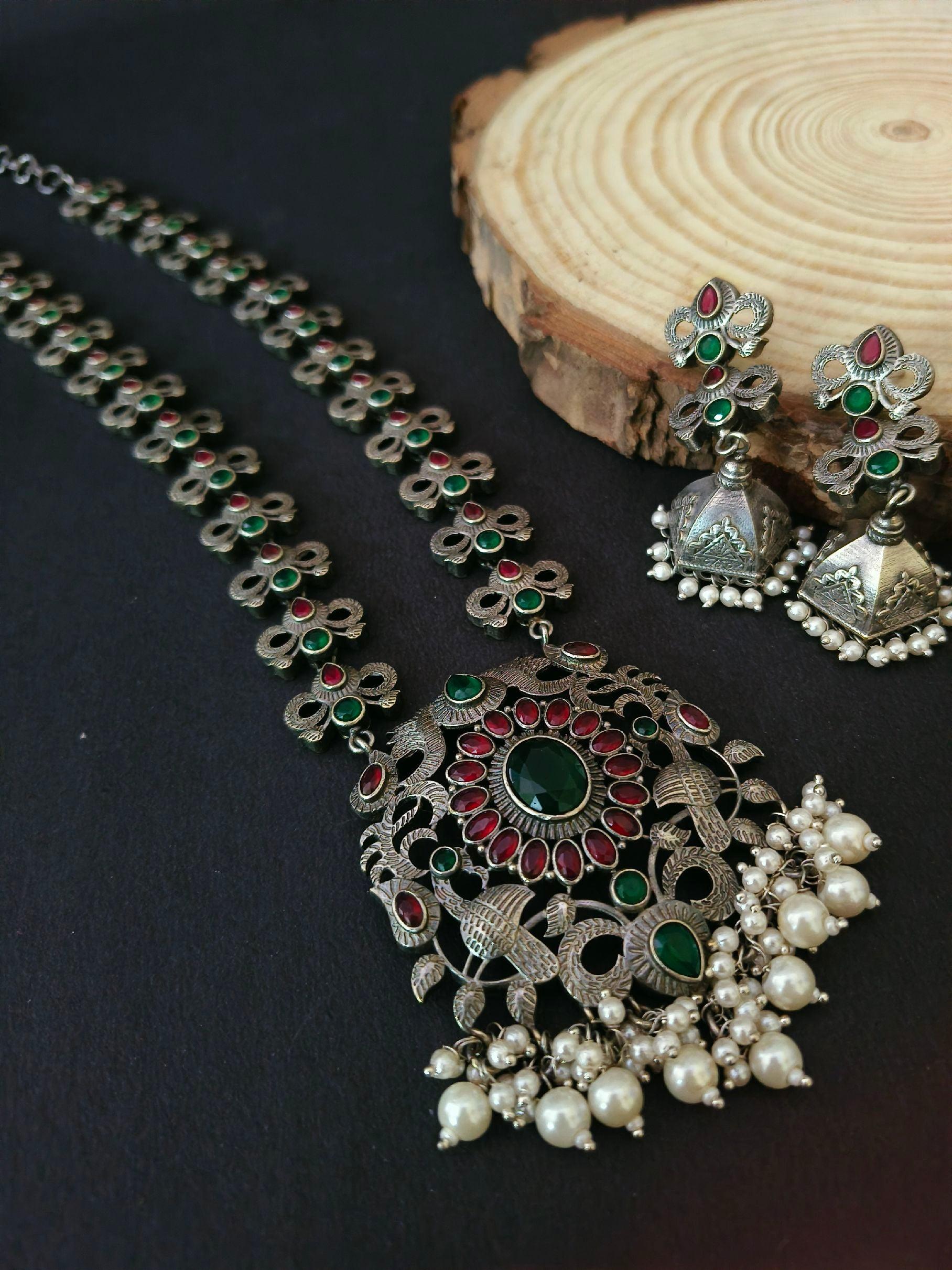 Silver Look-Alike Navratri Wear Long Necklace Set with Jhumka Earrings | Sarichka