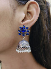 Oxidised Stone Studded Jhumki Earrings With Pearl Work