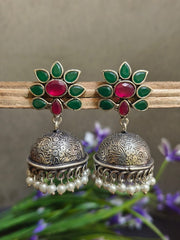 Oxidised Stone Studded Jhumki Earrings With Pearl Work