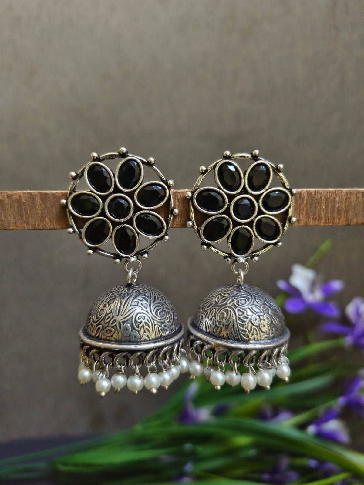 Floral Silver Oxidised Jhumka | Sarichka