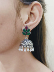 Oxidised Partywear Stone Studded Pearl Jhumki Earrings