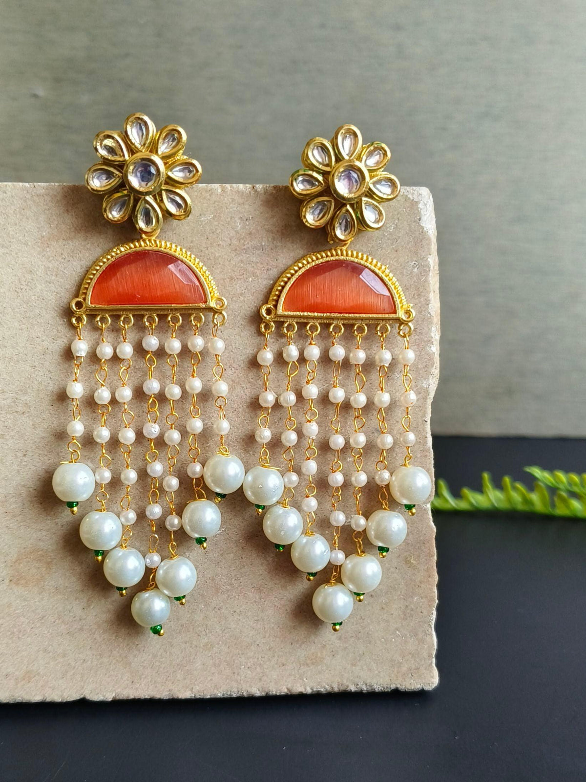 Gold Plated Long Earring with D Shape Monalisa Stone | Sarichka