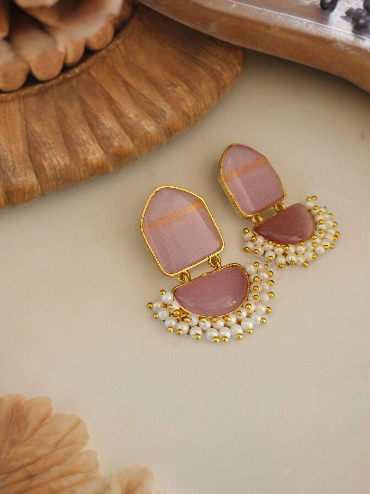 Gold Plated Earring with Monalisa Stone and Pearl | Sarichka