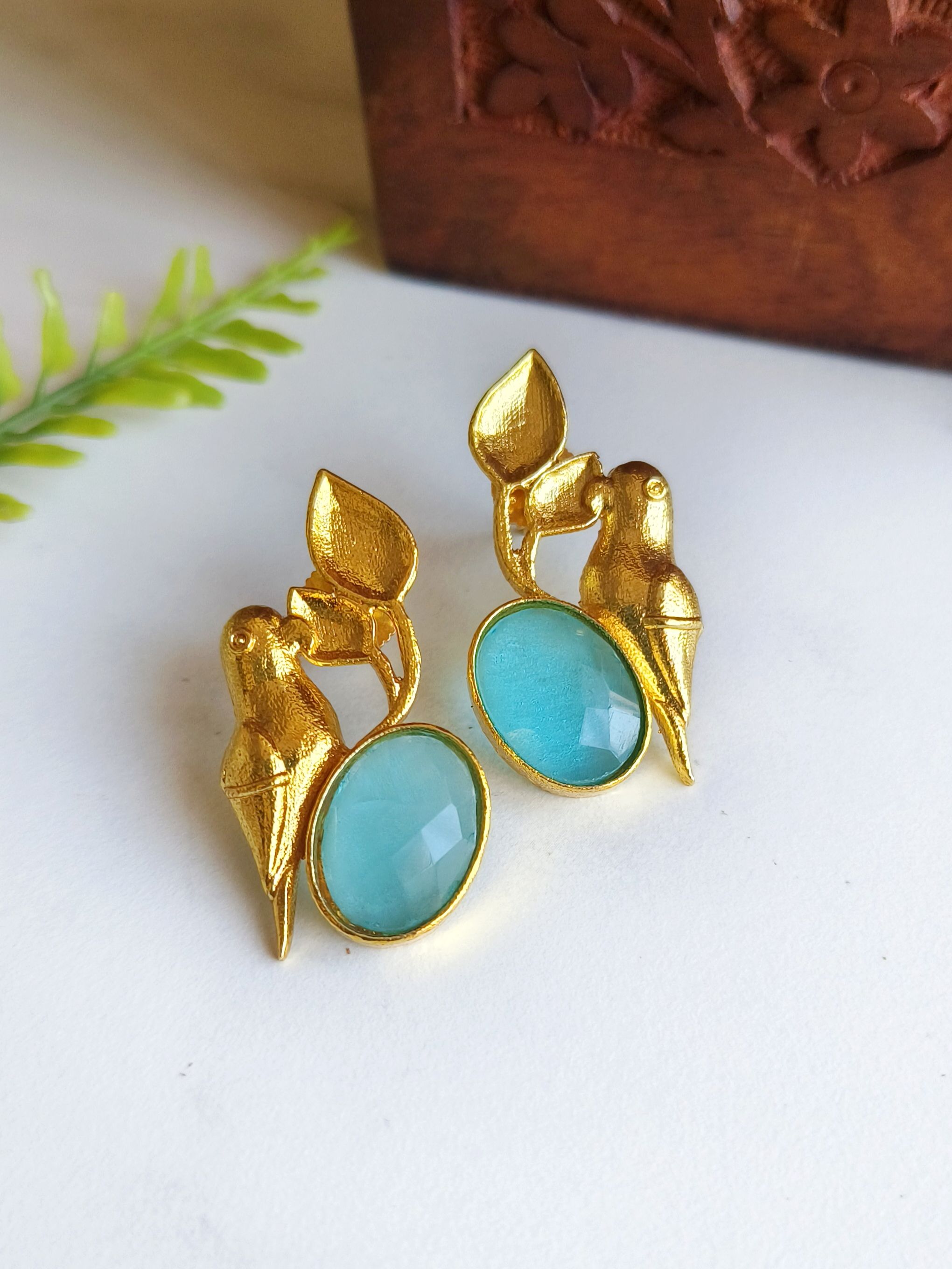 Golden Premium Quality Monalisa Stone Parrot Earrings for Elegant Look | Sarichka