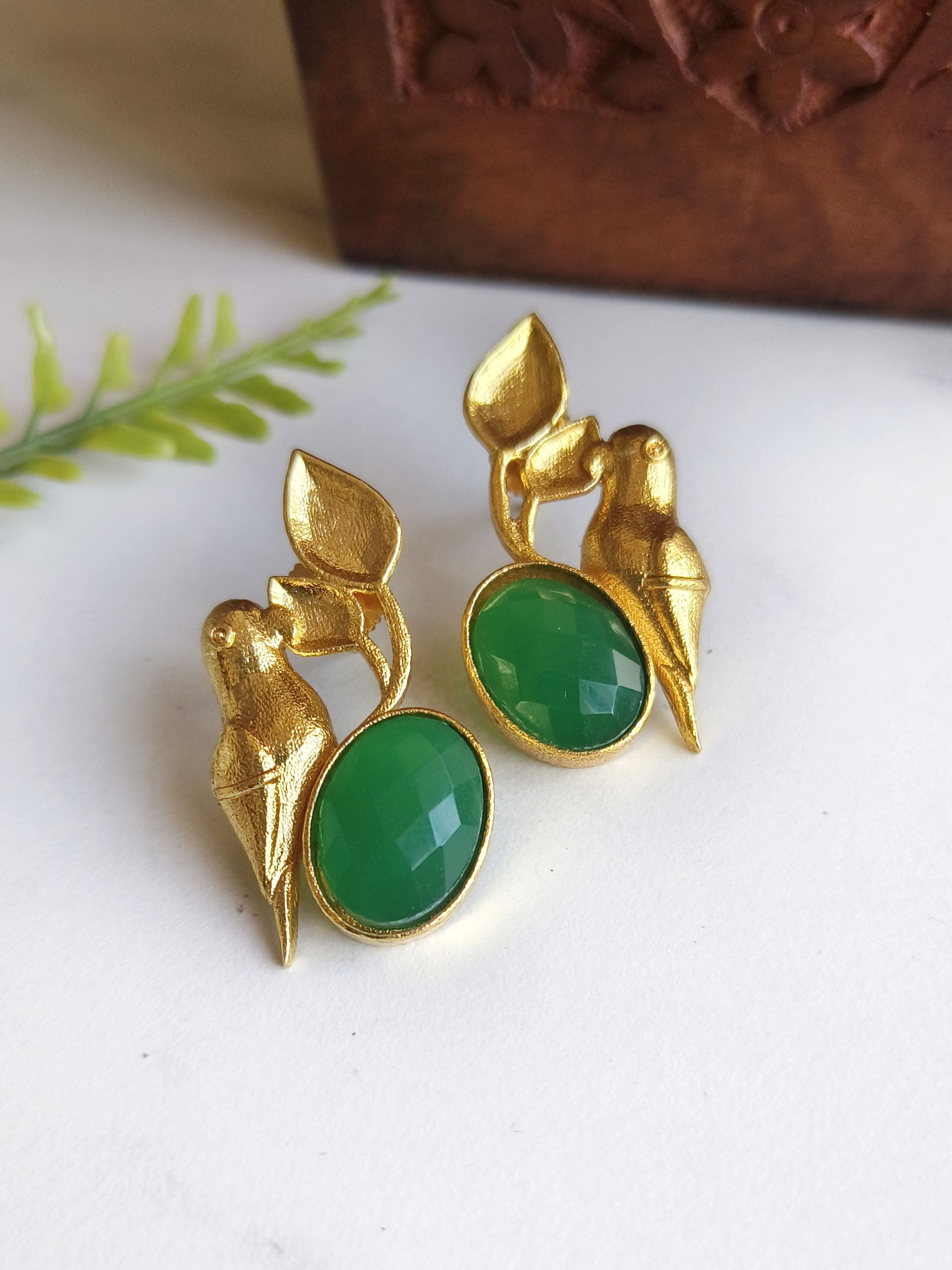 Golden Premium Quality Monalisa Stone Parrot Earrings for Elegant Look | Sarichka