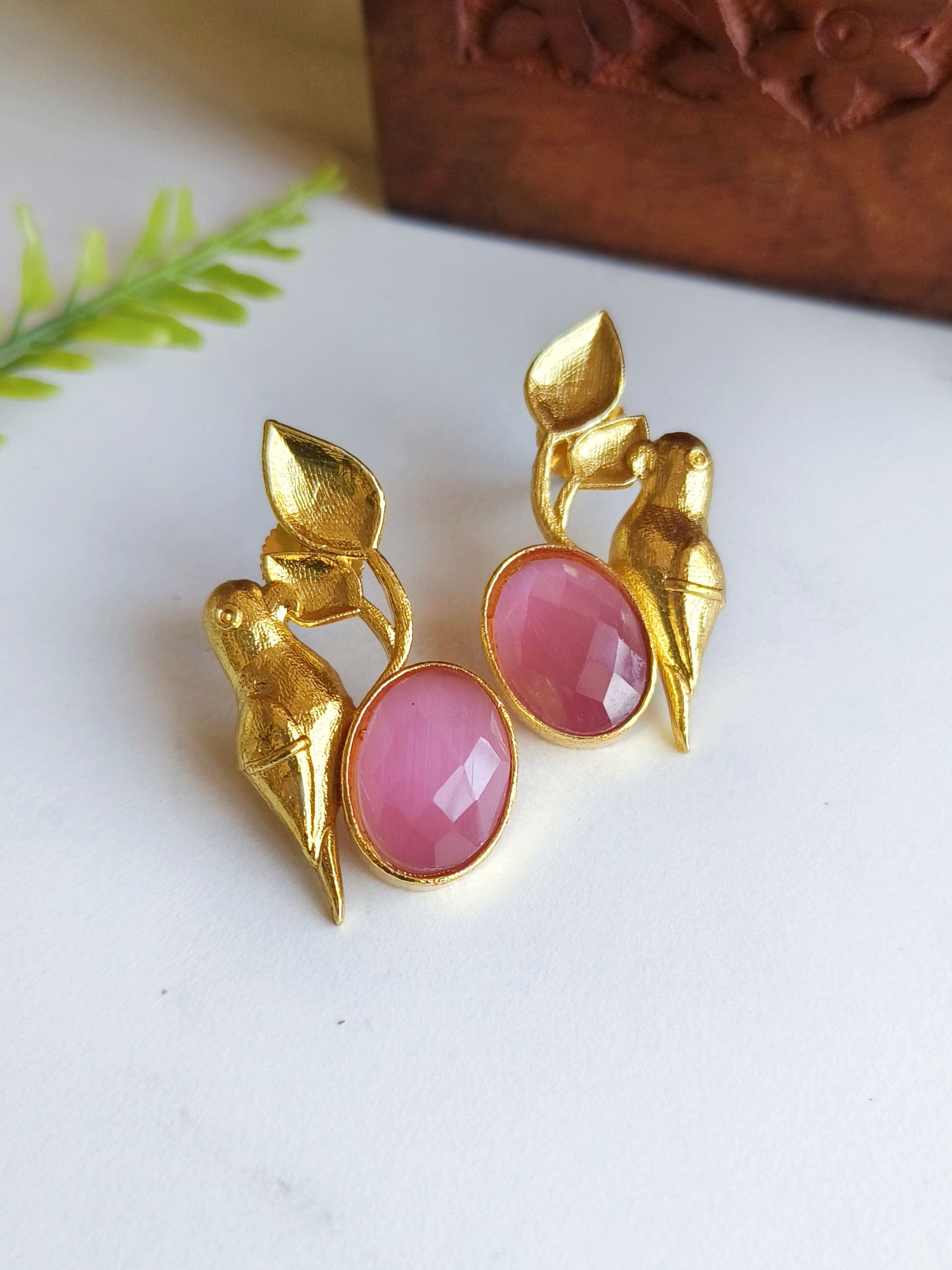 Golden Premium Quality Monalisa Stone Parrot Earrings for Elegant Look | Sarichka