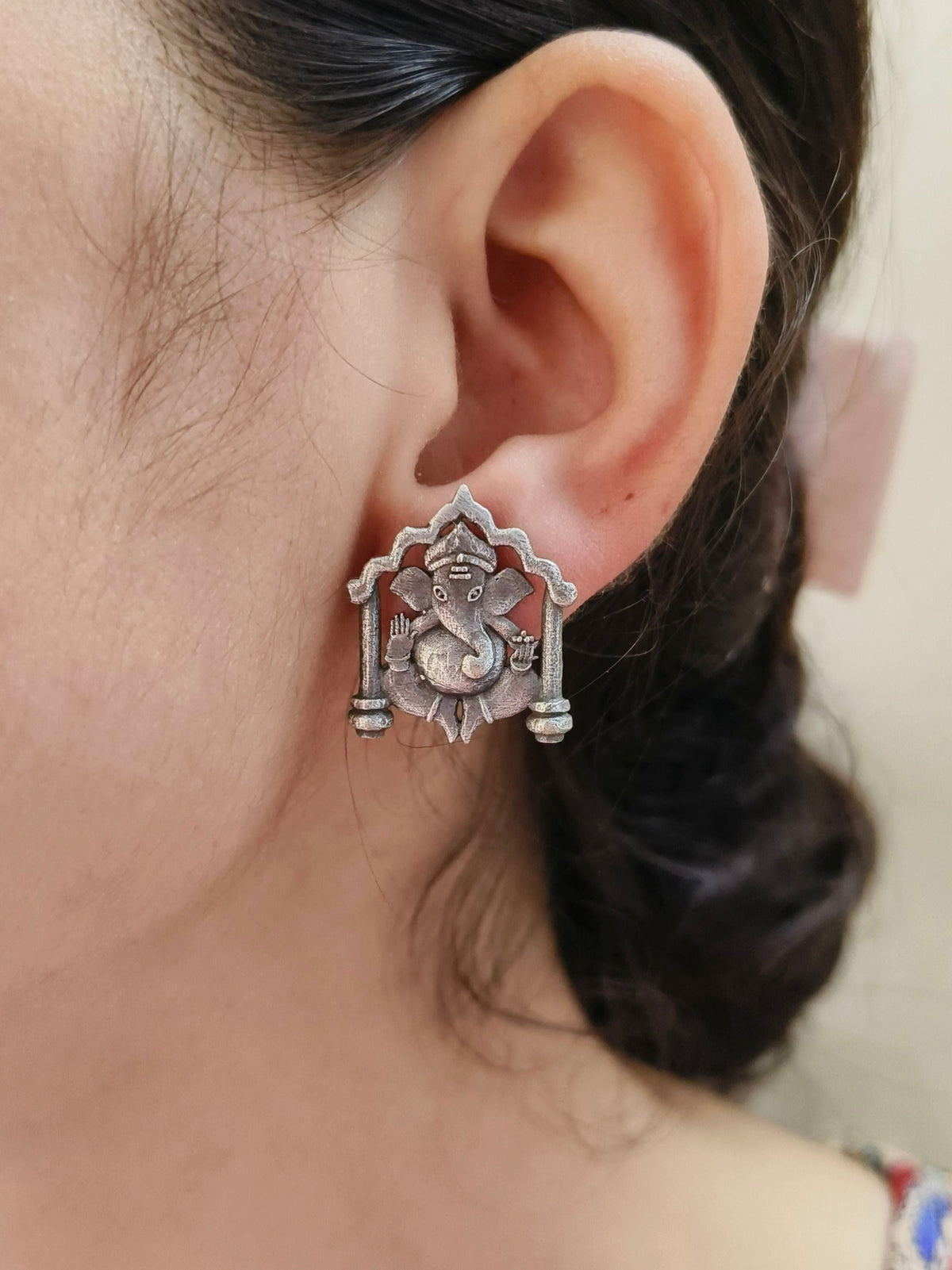 Premium Quality Silver-Look Ganesh Stud Earrings for Casual Wear | Sarichka