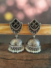 Brass Oxidised Classic Jhumka Earrings with Pearls | Sarichka