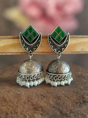 Brass Oxidised Classic Jhumka Earrings with Pearls | Sarichka