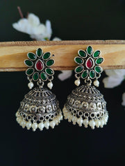 Oxidised Pearl & Stone Jhumka Earrings for Elegant Occasions | Sarichka