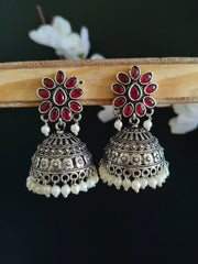 Oxidised Pearl & Stone Jhumka Earrings for Elegant Occasions | Sarichka