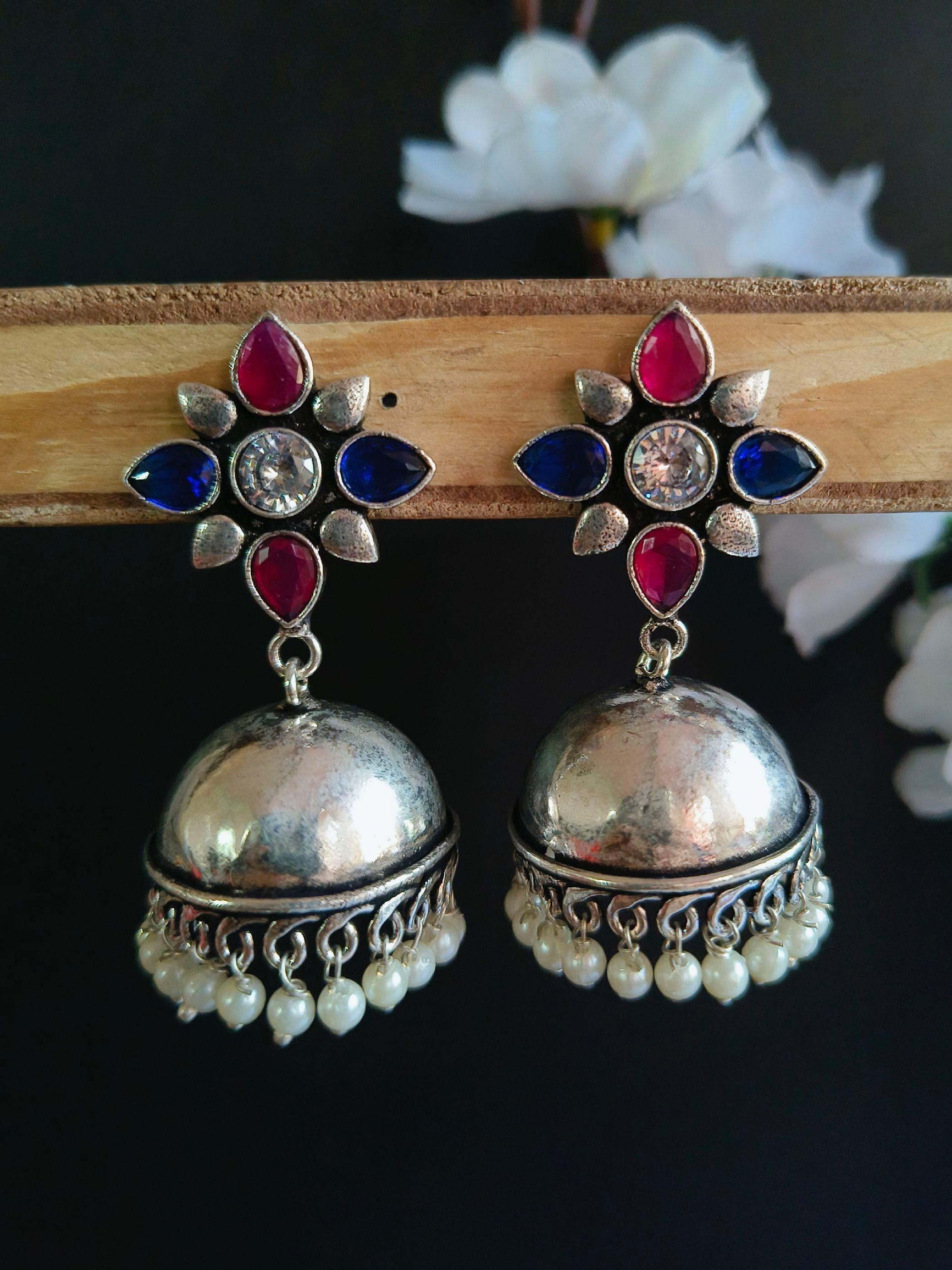 Trendy German Silver Pearl Jhumka Earrings for Elegant Style | Sarichka