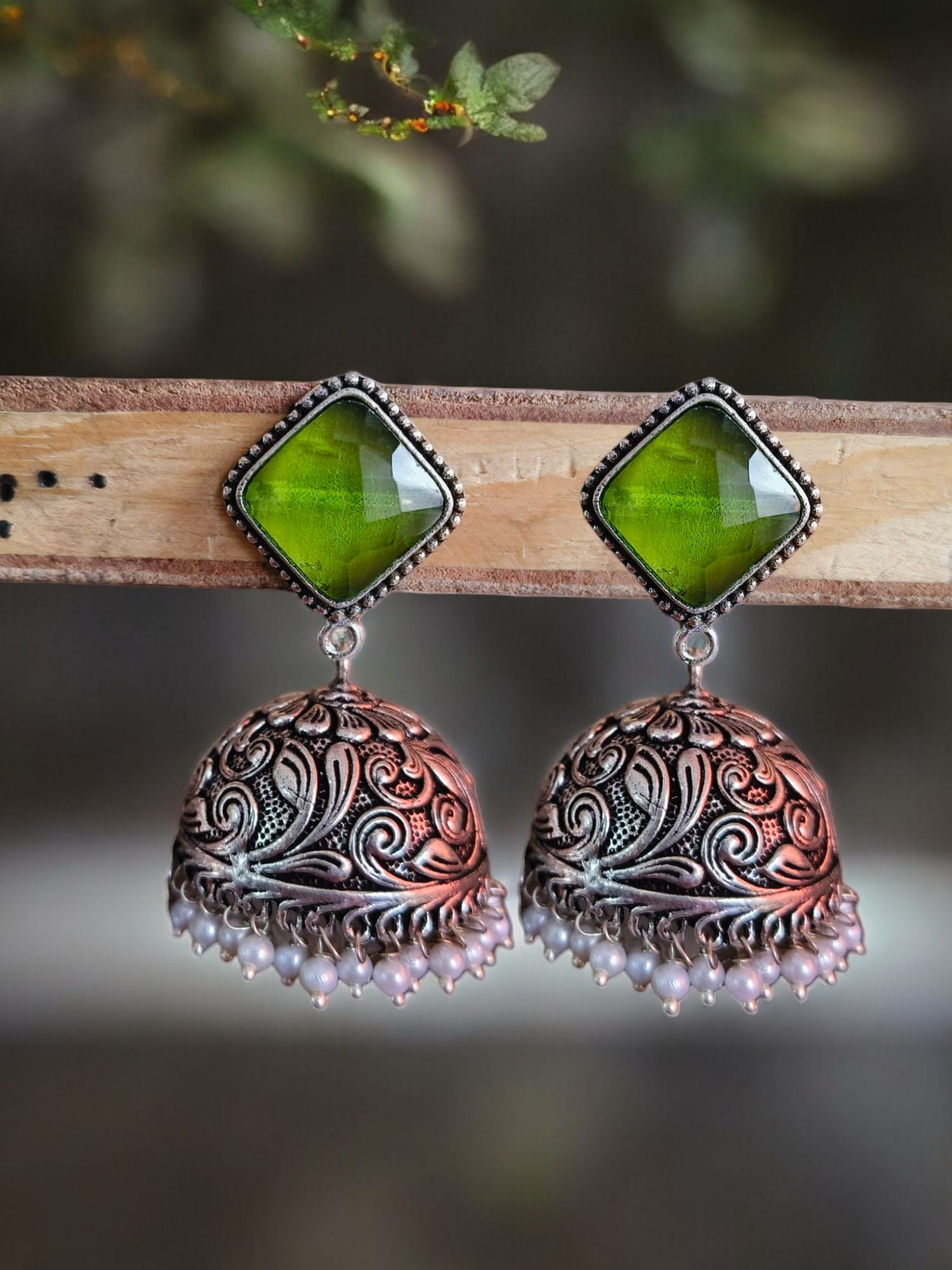 oxidised jhumkas with pearl