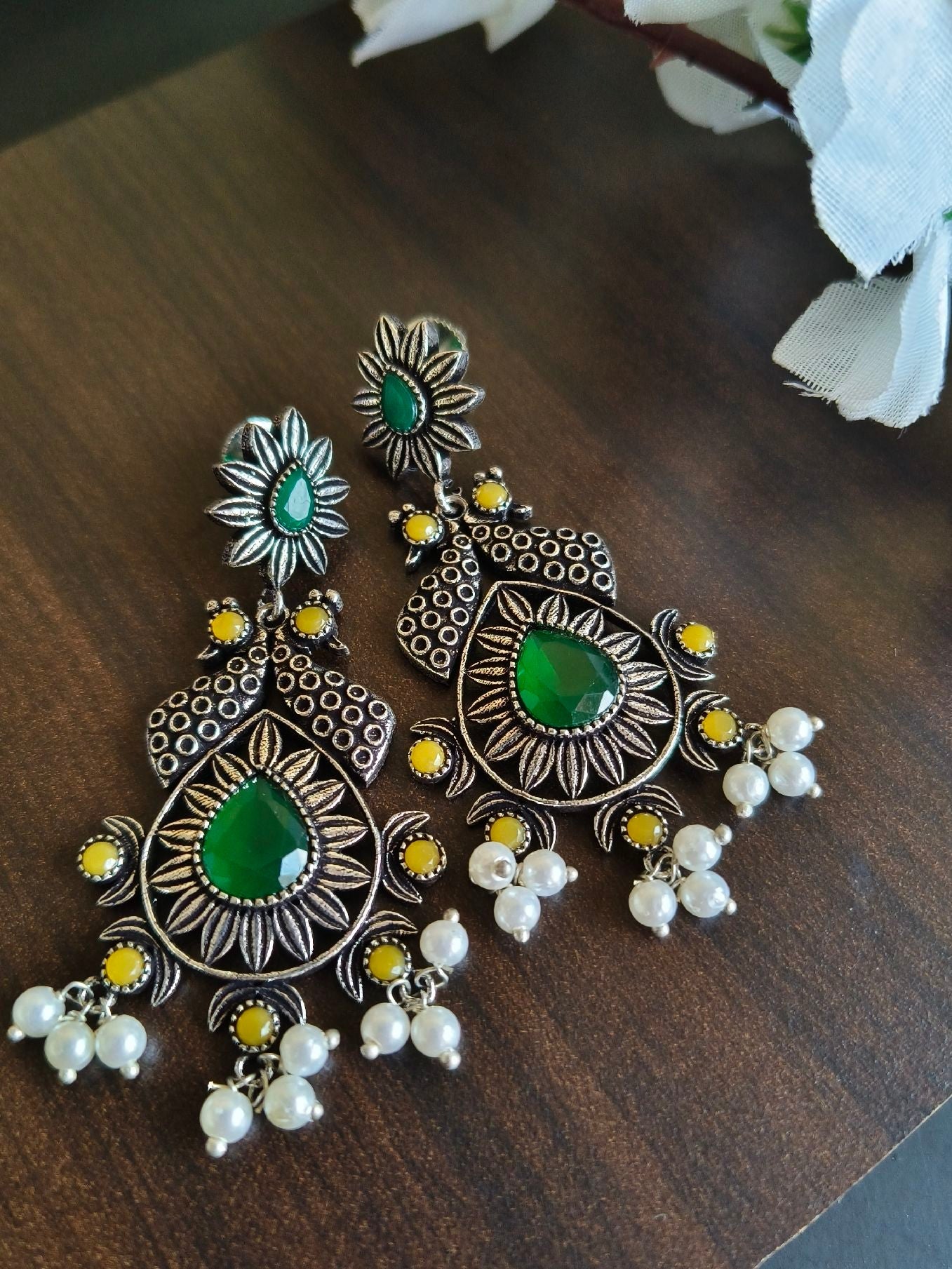 Oxidised Dangler Earrings with Stone and Pearl | Sarichka